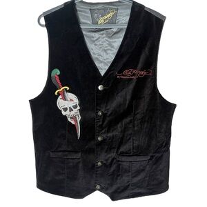 ED HARDY CHRISTIAN AUDIGIER Black Velvet Satin Vest Rhinestones Snake Tattoo XL
